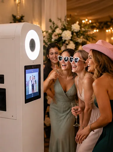 Guests enjoying a wedding photo booth