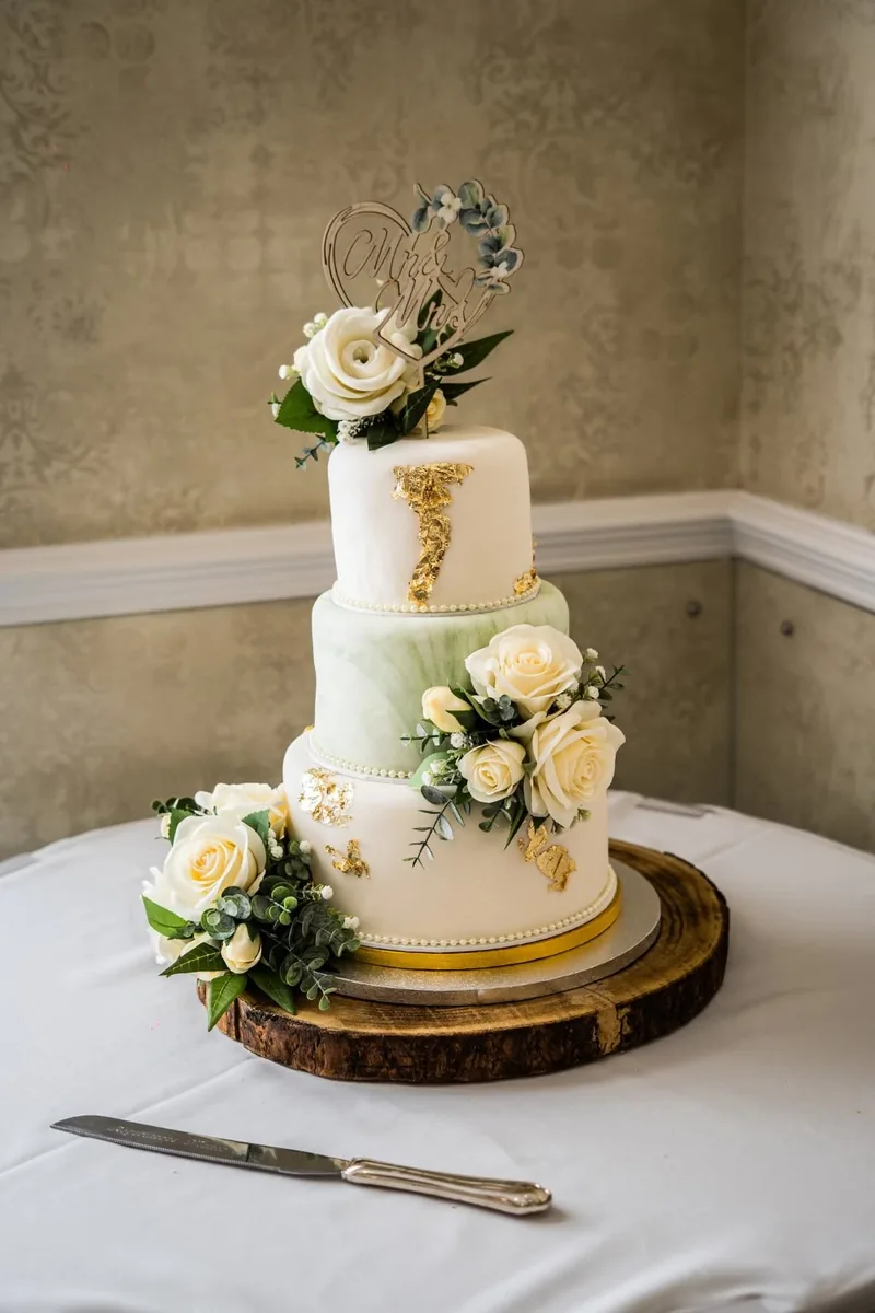 A photographed wedding cake with fresh flowers